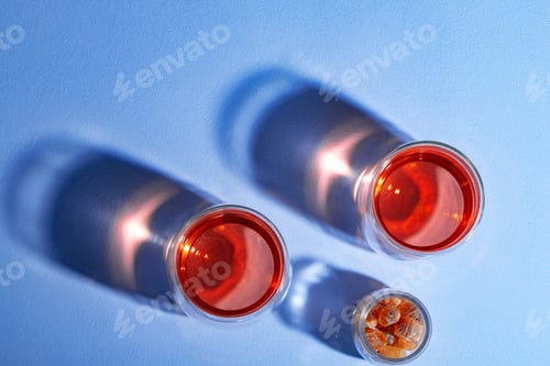 Preview: Two glass cups of tea on blue background