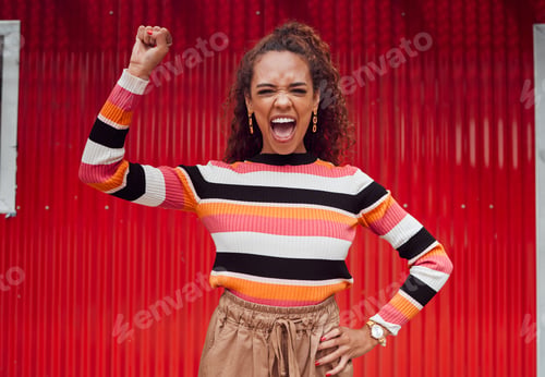 Preview: Black woman, protest and fist for equality, racism and power portrait for power and freedom revolut