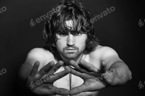 Preview: Black And White Portrait Of Psychedelic Rock Style Musician. Rockstar Performer With Arrogant Looks.