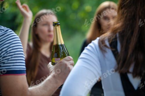Preview: A company of friends in nature drinks an alcoholic drink from an open bottle.