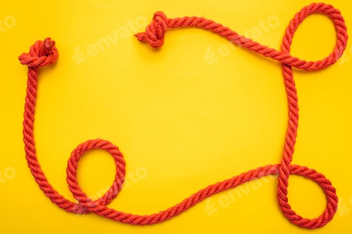 Preview: curled and red rope with twisted knots isolated on orange