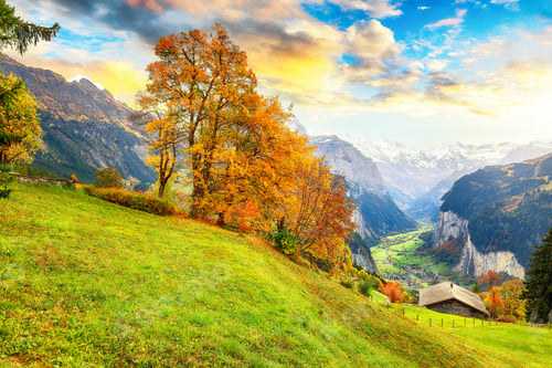 Preview: Fabulous autumn view of picturesque alpine Wengen village and Lauterbrunnen Valley