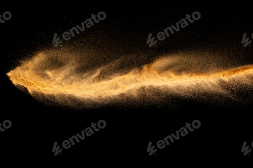 Preview: Brown colored sand splash.Dry river sand explosion isolated on black background.