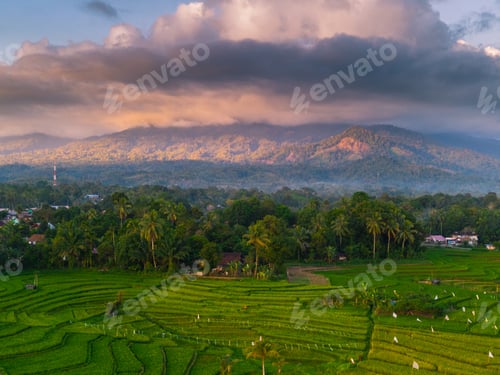 Preview: Wonderful sunrise scenery indonesia nature mountain valley forest with bright sky