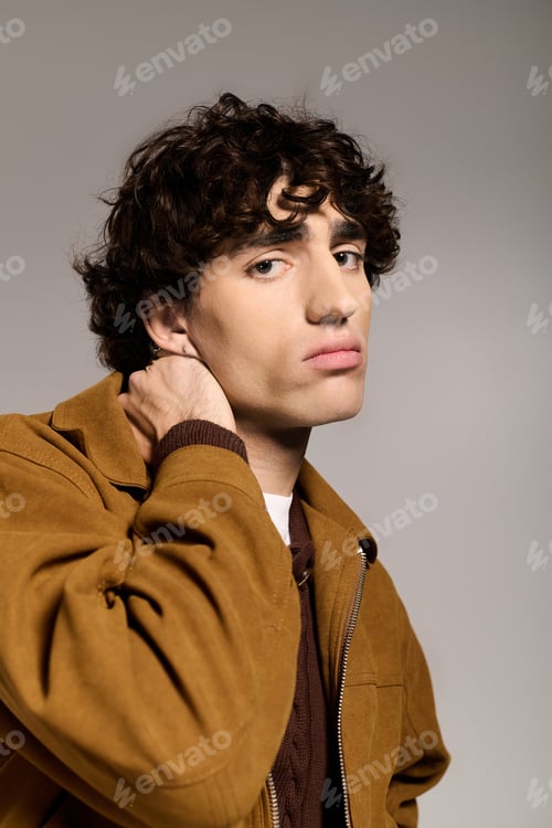 Preview: Stylish young man expresses confidence in trendy attire during a modern portrait session