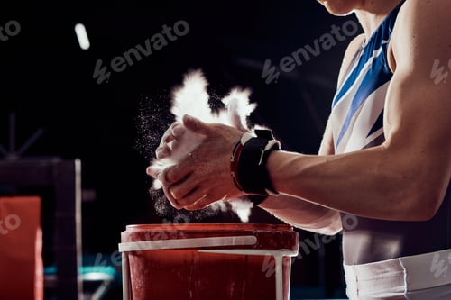 Preview: Gym, fitness and training, dust on hands for weight lifting or cross bar gymnastics. Motivation, su