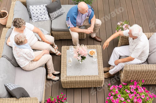 Preview: Top view on meeting of active elderly people on terrace with flo