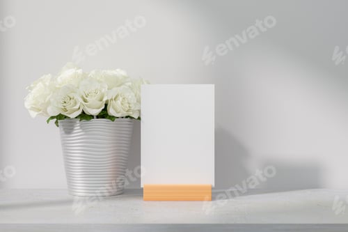 Preview: Empty mockup postcard or frame with white rose