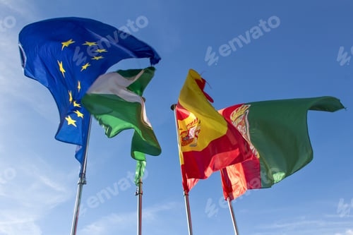 Preview: Waving-moving flags of European Union, Spain, Andalusia and Granada City