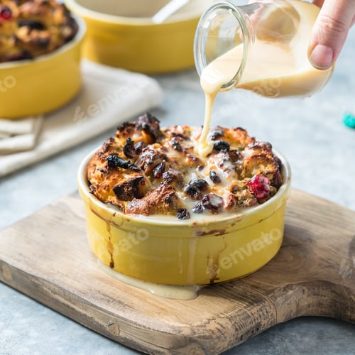 Preview: Homemade bread pudding breakfast casserole with apples and cinnamon and egg white frosting