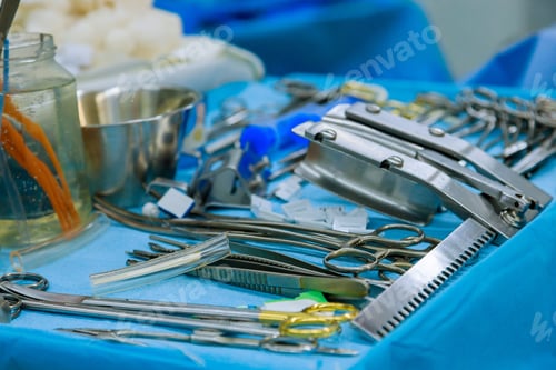 Preview: Hospital operating room ready for cardiovascular emergency surgery interventions with clamps