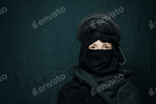 Preview: Portrait of a woman in jeans jacket and denim headdress. Black jeans clothing, total denim.