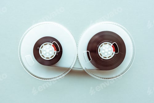 Preview: Flat lay vhs video cassette parts on pastel blue background