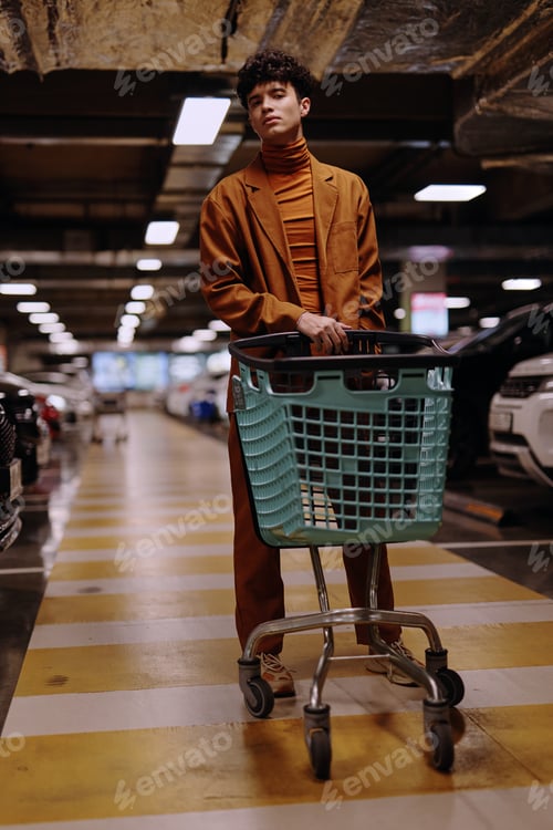 Preview: Stylish man in a brown suit standing with a shopping cart in a parking garage