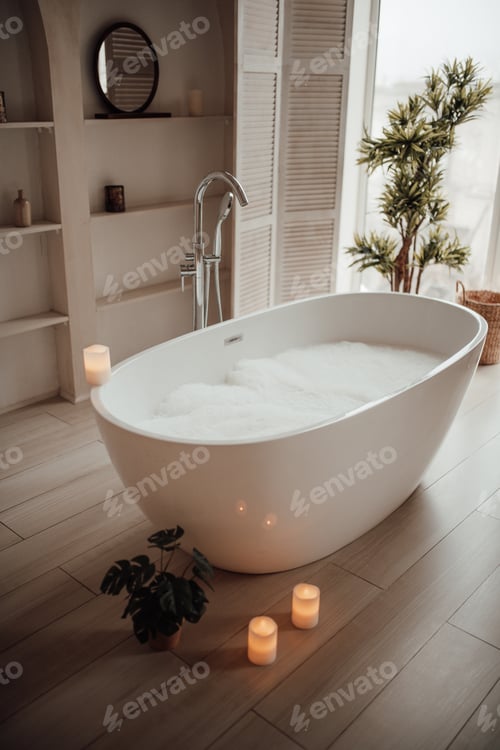 Preview: Luxurious interior bathroom in modern minimalist bright earth tones style with oval bathtub