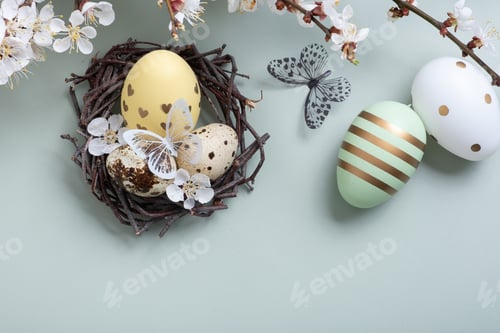 Preview: Easter eegs in the nest with flowers and butterfly on pastel green background. Copy space.