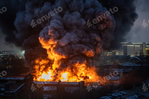 Preview: Heavy fire with acrid smoke in warehouse with toxic paint materials. Industrial fire, air pollution.