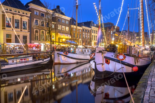Preview: Sterns of historic sailing ships at the Hoge der Aa quay