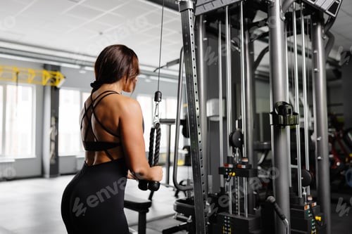 Preview: Strong fitness woman in black sportswear is training triceps. Female with perfect body in in gym