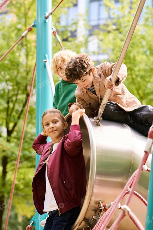 Preview: Joyful children climbing and playing on a slide in vibrant autumn foliage