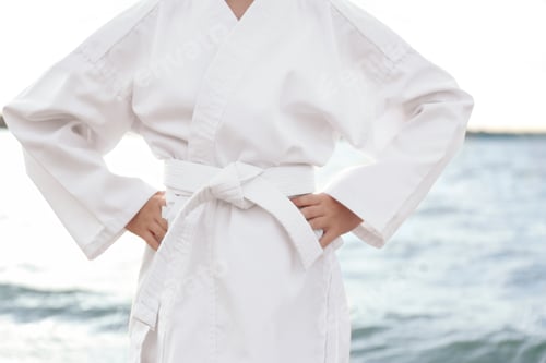 Preview: Cute little girl in kimono near river, closeup. Karate practicing