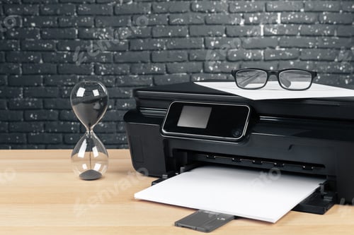 Preview: close up modern printer screen in office