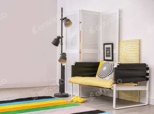 Preview: Elegant living room interior with comfortable sofa. Home design in rainbow colors