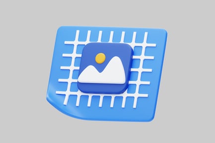 Preview: Blue square with white grid pattern and mountain range