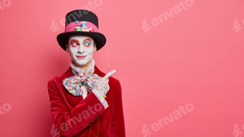 Preview: Street performer indicates at blank space and shows something wears bright makeup and costume isolat
