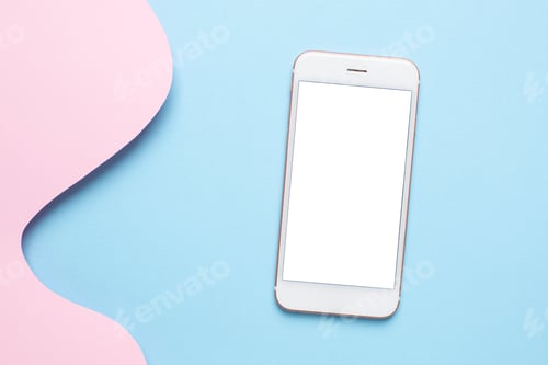 Preview: Mobile phone and Abstract paper cut blue waves art on pink background, pastel colors and technology