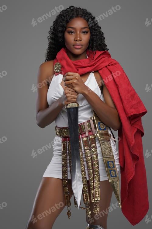 Preview: Dark-skinnedn model in Greek-style tunic with red cape and ornate belt