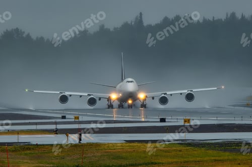 Preview: Large commercial jet airliner is taking off from a runway in the rain.