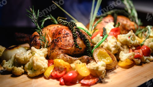 Preview: Close-up of a large turkey decorated with various vegetables around and served to a happy family