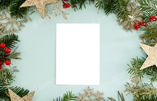 Preview: Christmas card mock up. Empty greeting card flat lay with fir branches, red berries