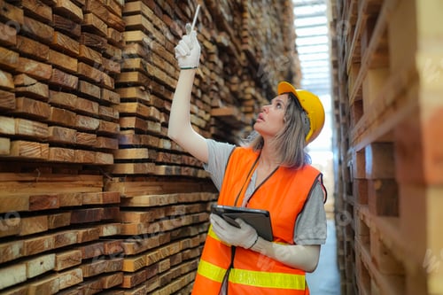Preview: Industrial factory employee working in wooden manufacturing industry
