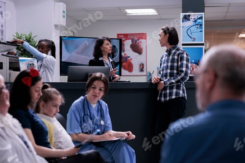 Preview: Asian patient talking with hospital receptionist