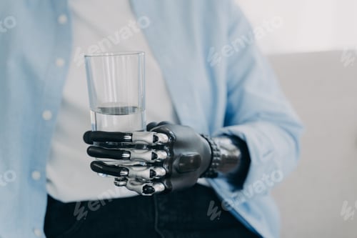 Preview: Morning routines of disabled person. Girl is holding glass of water with robotic arm prosthesis.