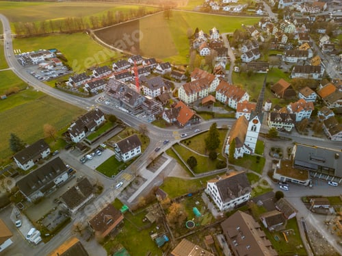 Preview: Aerial panorama view to lake Zug and Swiss Alps with Mettmenstetten, Switzerland