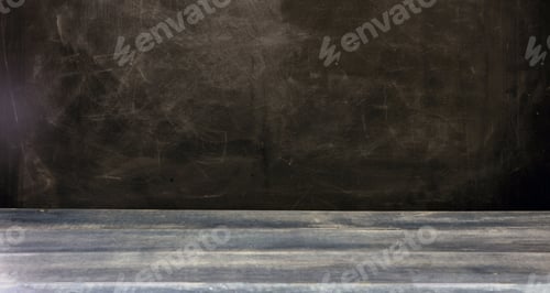 Preview: Back to school template. School blank empty black board and blue wooden table
