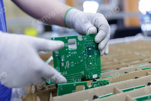 Preview: Worker placing green printed circuit board into packaging tray at electronics factory