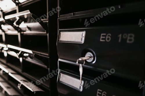 Preview: Real Estate Property Key on Black Mailboxes Close-Up