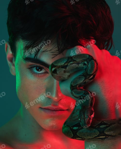 Preview: Skincare, neon light and snake for skincare, danger and venom or poison for dermatology, power or a