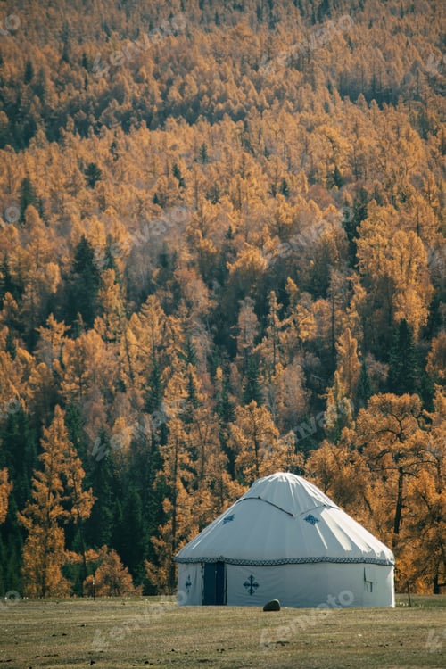Preview: Traditional yurt in autumn forest landscape.