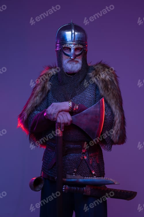 Preview: Antique elder knight with axe against purple background