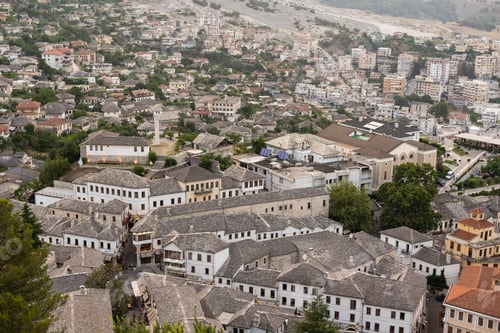 Preview: Aerial view of streets in the UNESCO listed old town of Gjirokaster in southern Albania