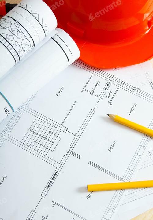 Preview: Repair work. Drawings for building, helmet, pencils and others tools on wooden background.