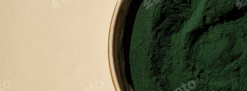 Preview: Organic blue-green algae spirulina powder food in plate. Copy space for your text Health benefits of