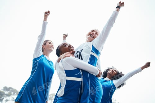Preview: Women, friends and celebration for winning, sports team or success raising fist together in the out