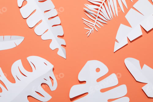Preview: Paper white tropical leaves on a peach background.