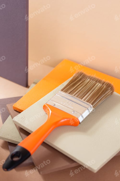 Preview: Paintbrush tool at abstract background. Construction paint brush for house renovation